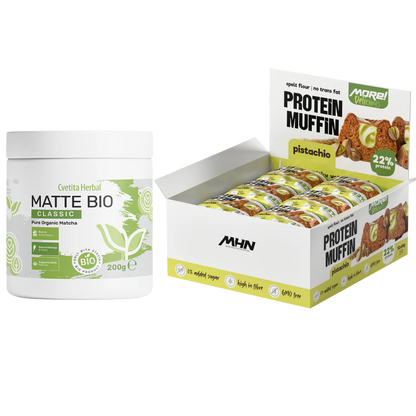Matte Bio (БИО МАТЧА ЛАТЕ) + Кутия протеинови мъфини с вкус пистачио MHN